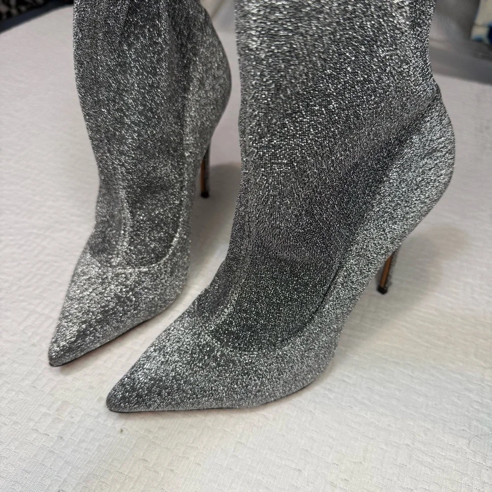 $258 SCHUTZ Silver Metallic Stretch Heeled Ankle Booties 7 NWT